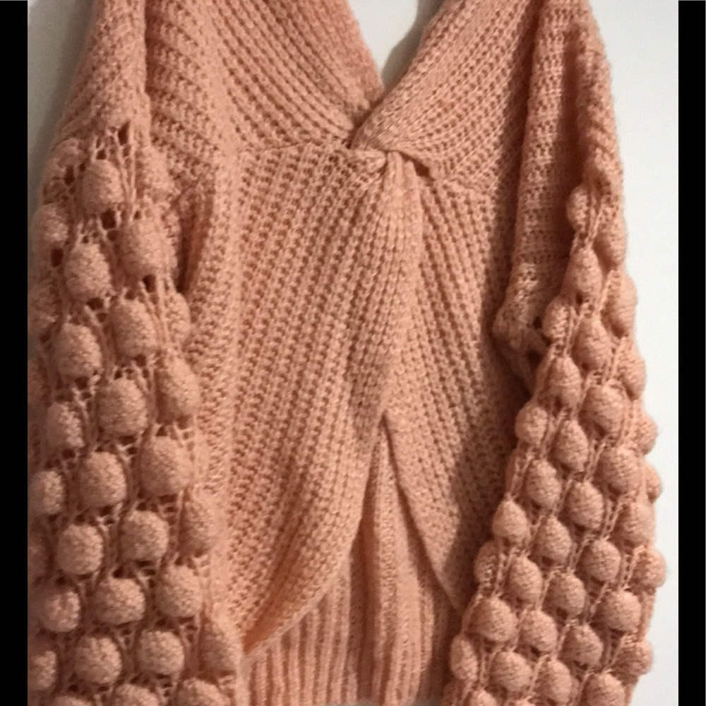 KAARI BLUE Twisted Front Knot Sweater W/ Pom Poms